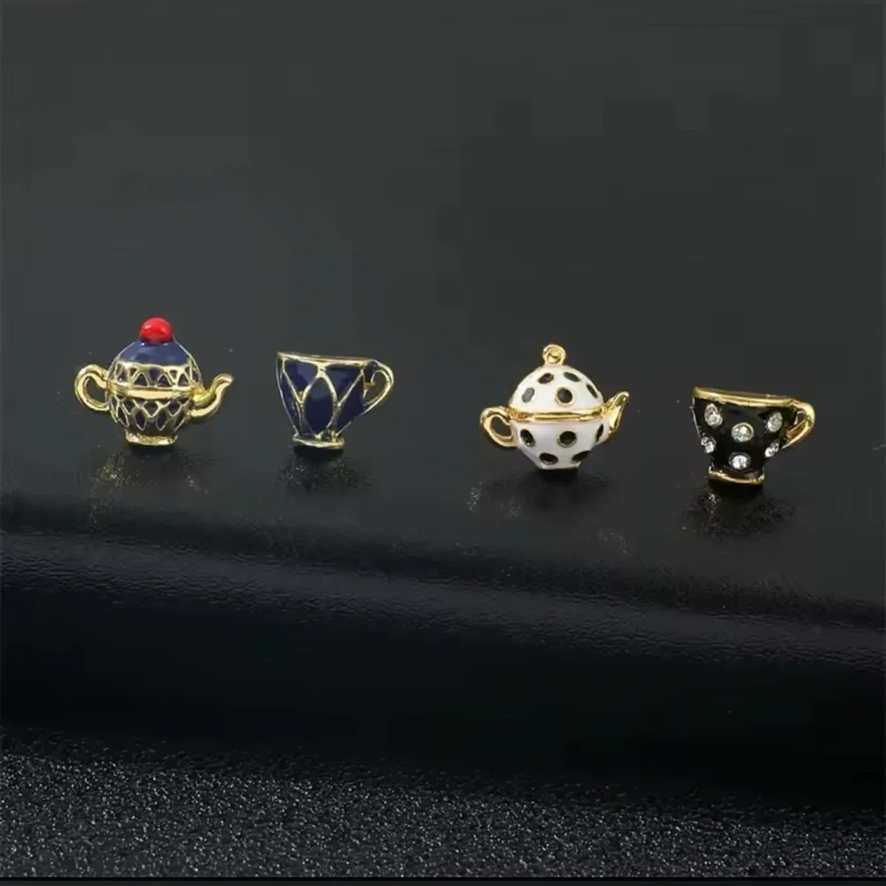 Alice In Wonderland Gold Enameled Black & White Teapot & Teacup Stud Earrings - Picture 9 of 10